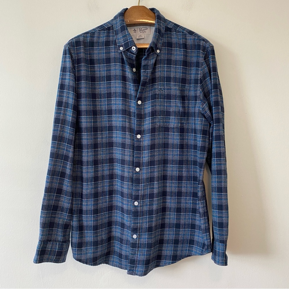 Original Penguin Munsingwear Blue Plaid Long Sleeve Button Shirt Flannel Large